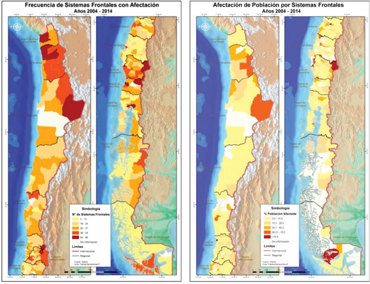 Frecuencia de Sistemas frontales con afectación y Afectación de Población por los Sistemas Frontales, 2004 - 2014. 