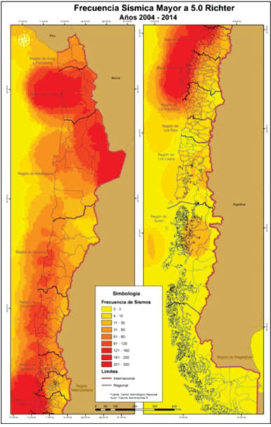 Frecuencia Sísmica Mayor a 5.0 Richter, Años 2004 - 2014.