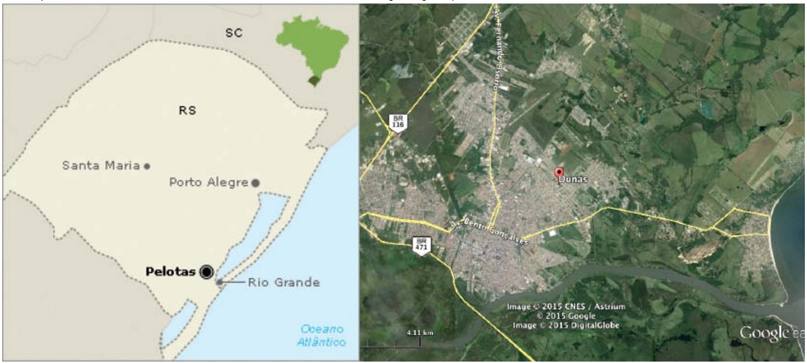 Mapa de localización de Pelotas en el estado de Rio Grande do Sul e Brasil/ Image Google Maps ©: localización del barrio Dunas de Pelotas en el contexto de su mancha urbana.