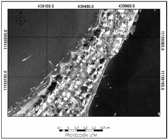 Imagen de Google Earth
georreferenciada de la zona de Boca Grande, donde es posible visualizar las
obras de ingeniería para la contención de la erosión costera.