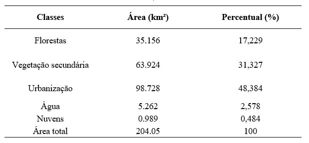 Percentual das áreas correspondentes às classes de cobertura de solo