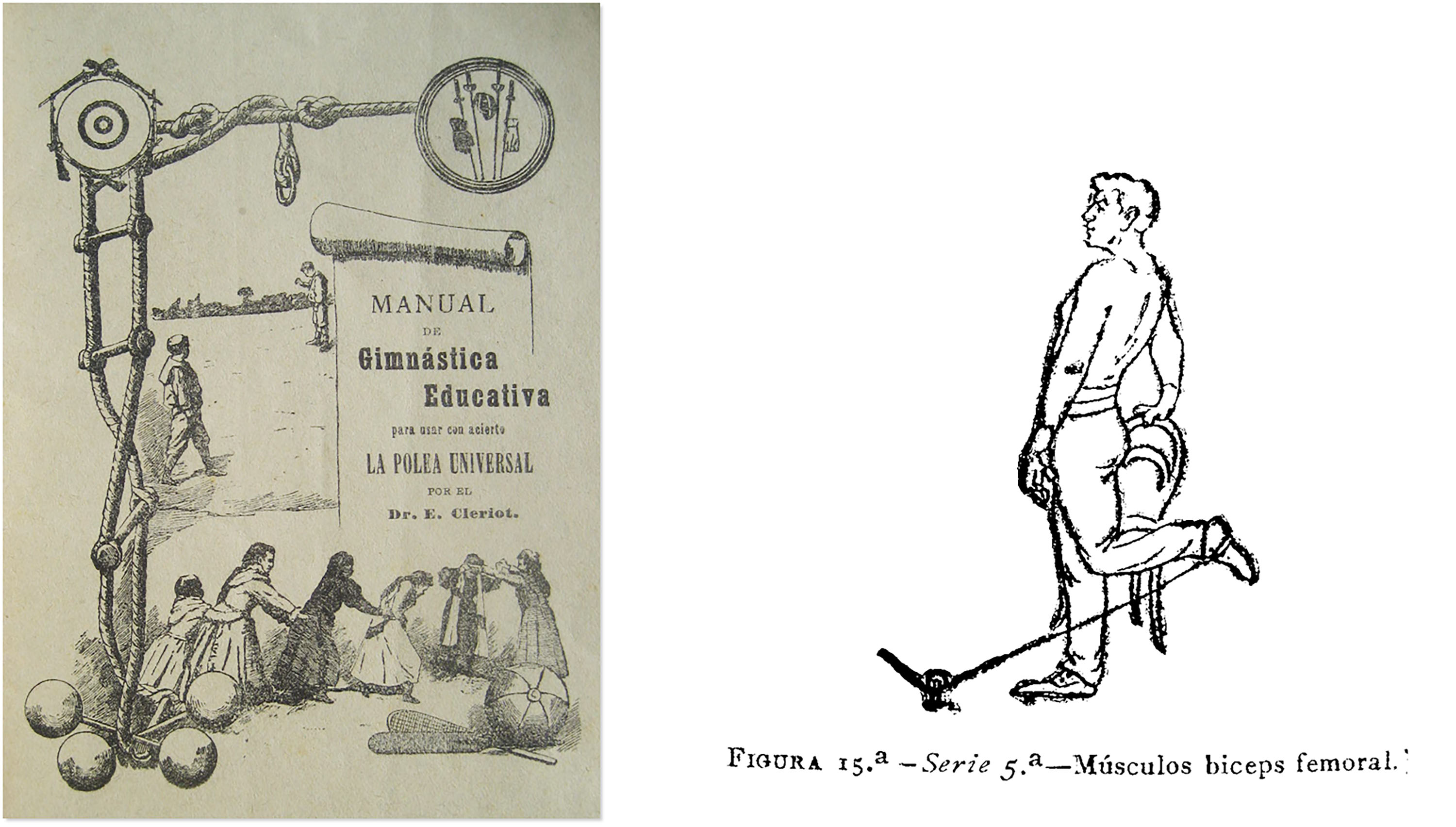 Portada y ejercicio del Manual de gimnástica higiénico-educativa: para usar con acierto la Polea Universal (Cleriot, 1900)