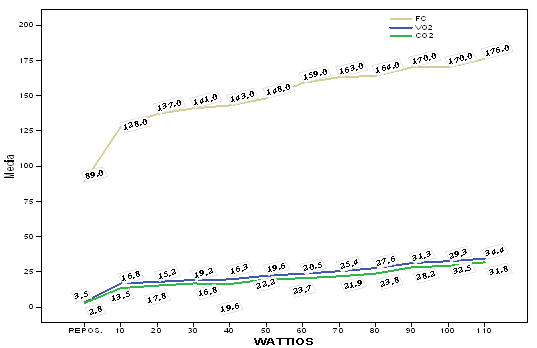 Curves that represent the HR (beat/min), the VO2 (ml/kg/min), and the CO2 (ml/kg/min) during the incremental test in the Cycle Ergometer