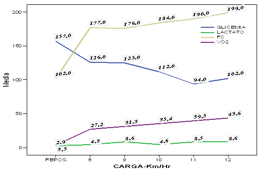 Representative curves of the Glycemia (mg/dl), the Lactate (mmol/lt), HR (beat/min), and VO2 (ml/kg/min) during the incremental test with the treadmill.
