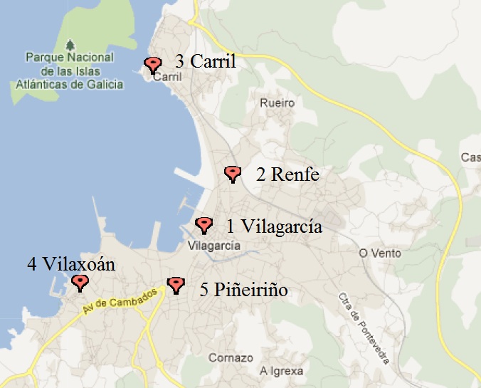 Ubicación de las estaciones del servicio de bicicletas en Vilagarcía